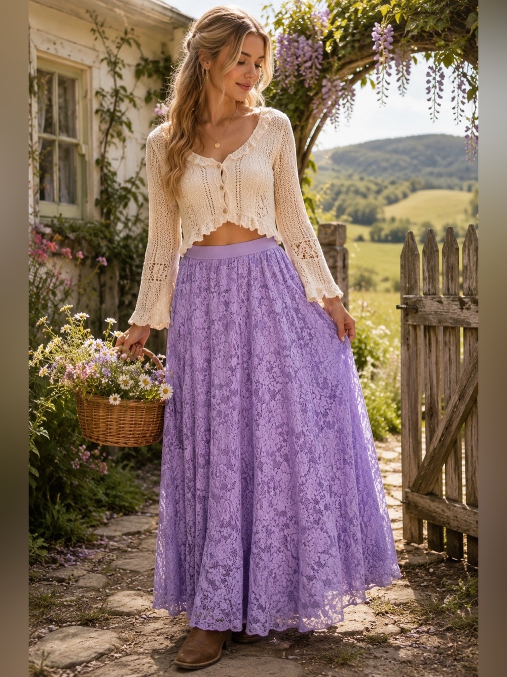 EUC Laffaire XS Lace Maxi Skirt in Lavender Lined Elastic Waist Fits To Size 6